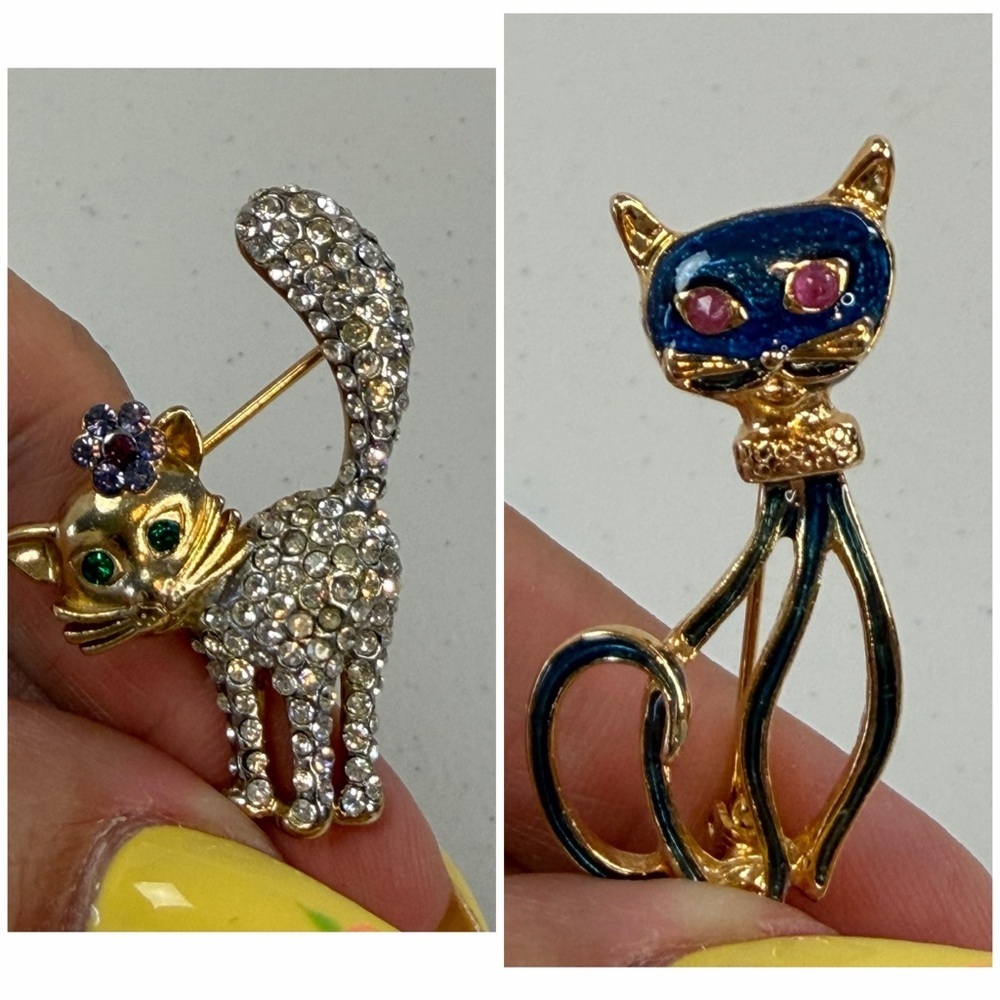 Vintage Cat Lady Brooch Pin Lot Kitsch MCM Cats Rhinestone Enamel Gold Tone